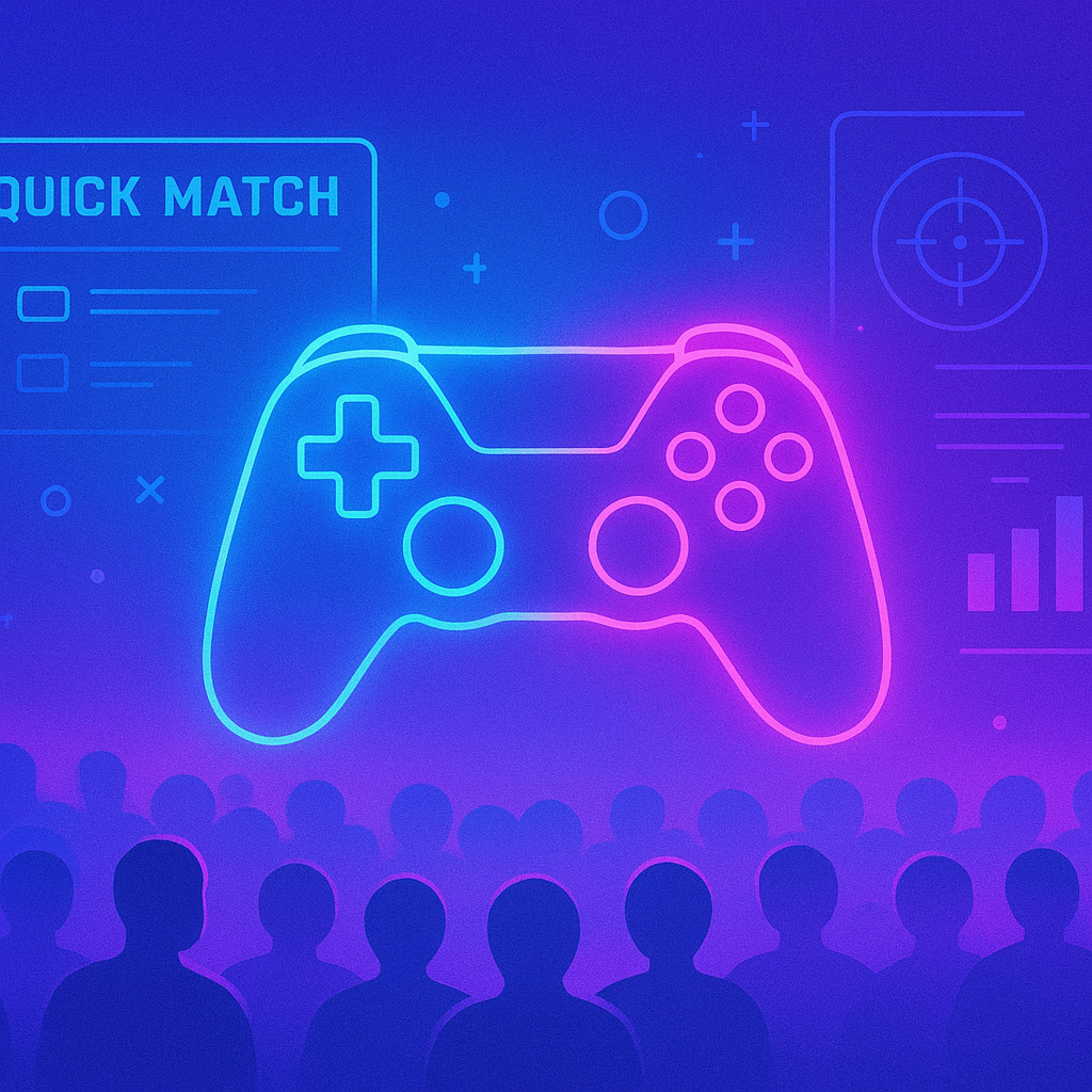 PulseArcade hero collage: stylized joystick, neon HUD, and quick-match lobby